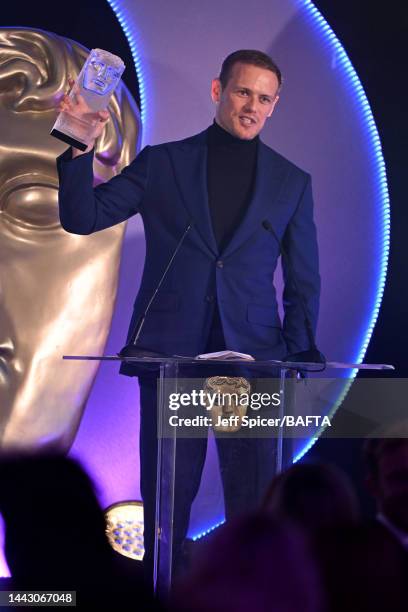 Sam Heughan, winner of the Audience Award in partnership with Screen Scotland for ‘Outlander’ on stage during the British Academy Scotland Awards at...