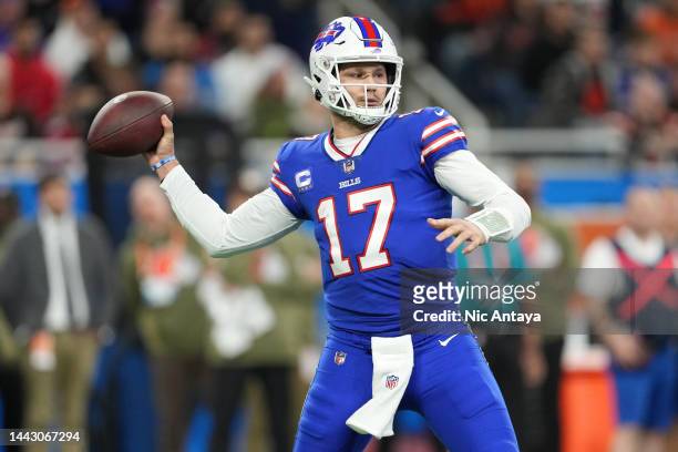 Josh Allen of the Buffalo Bills attempts a pass during the second quarter against the Cleveland Browns at Ford Field on November 20, 2022 in Detroit,...