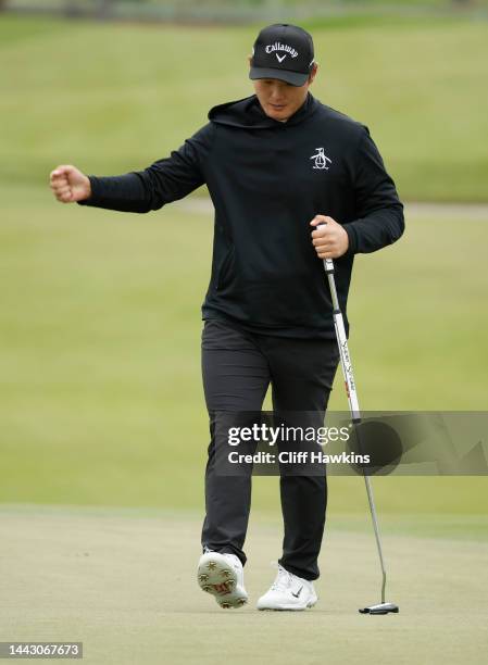 Danny Lee of New Zealand reacts after putting out on the 18th green at Sea Island Resort Seaside Course on November 20, 2022 in St Simons Island,...