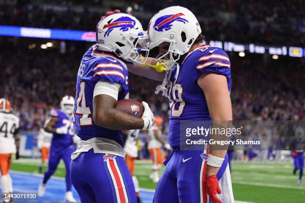 Stefon Diggs of the Buffalo Bills and Dawson Knox of the Buffalo Bills celebrate after Diggs' touchdown during the second quarter against the...