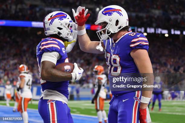 Stefon Diggs of the Buffalo Bills and Dawson Knox of the Buffalo Bills celebrate after Diggs' touchdown during the second quarter against the...