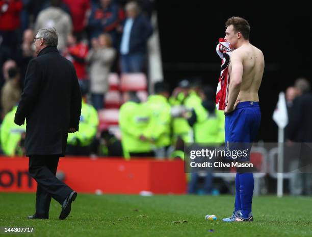 Phil Jones of Manchester United looks on after the Barclays Premier League match between Sunderland and Manchester United at Stadium of Light on May...