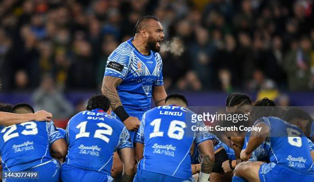 Junior Paulo of Samoa leads the Siva Tau prior to the Rugby League World Cup Final match between Australia and Samoa at Old Trafford on November 19,...