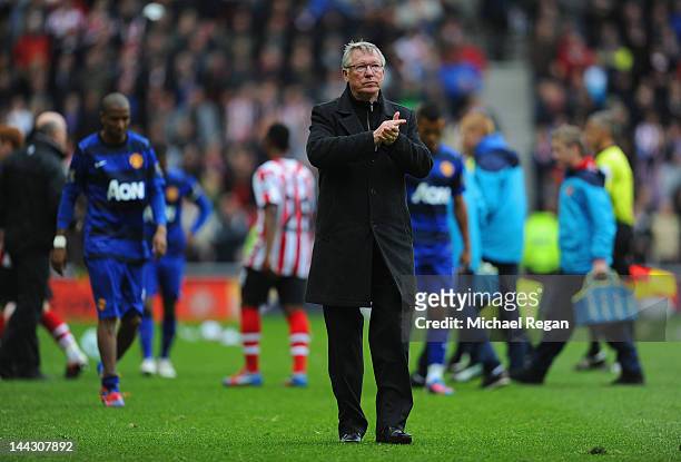 Manchester United manager Sir Alex Ferguson looks dejected after the Barclays Premier League match between Sunderland and Manchester United at the...