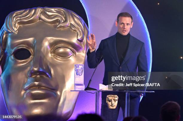 Sam Heughan, winner of the Audience Award in partnership with Screen Scotland for ‘Outlander’ on stage during the 2022 BAFTA Scotland Awards at the...