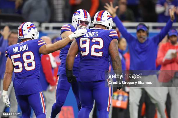 Matt Milano of the Buffalo Bills celebrates with DaQuan Jones of the Buffalo Bills after a blocked field goal during the third quarter against the...