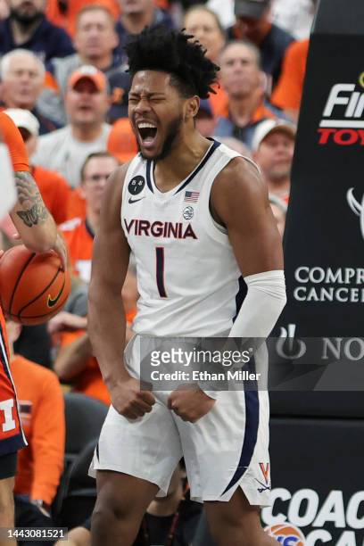 Jayden Gardner of the Virginia Cavaliers reacts after scoring a basket and drawing a foul against the Illinois Fighting Illini in the first half of...