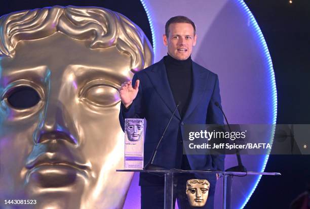 Sam Heughan, winner of the Audience Award in partnership with Screen Scotland for ‘Outlander’ on stage during the 2022 BAFTA Scotland Awards at the...