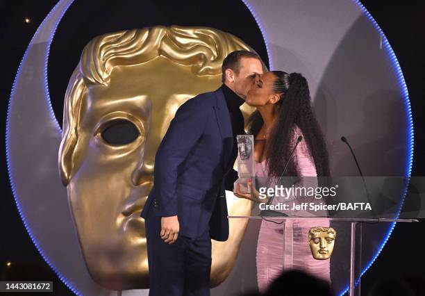 Jean Johansson presents the Audience Award in partnership with Screen Scotland to Sam Heughan for ‘Outlander’ on stage during the 2022 BAFTA Scotland...
