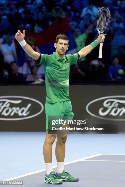 Novak Djokovic of Serbia celebrates match point against Casper Ruud of Norway during the Final on Day Eight of the Nitto ATP Finals at Pala Alpitour...