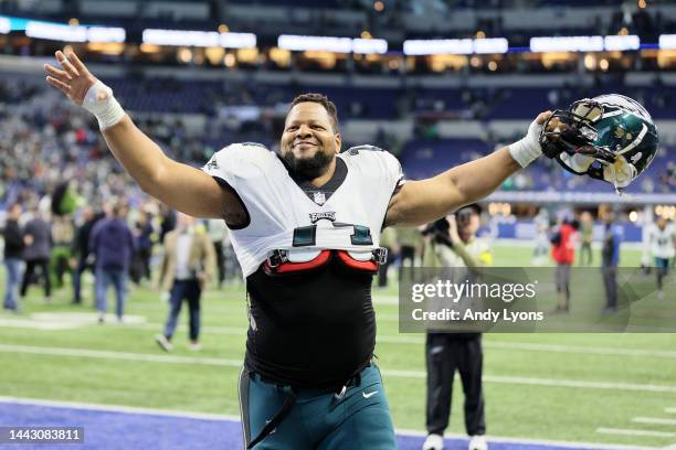 Ndamukong Suh of the Philadelphia Eagles celebrates after his team's 17-16 win against the Indianapolis Colts at Lucas Oil Stadium on November 20,...