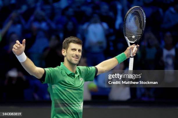 Novak Djokovic of Serbia celebrates match point against Casper Ruud of Norway during the Final on Day Eight of the Nitto ATP Finals at Pala Alpitour...