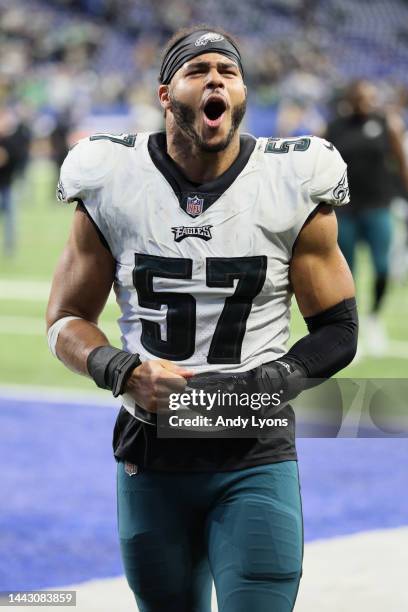 Edwards of the Philadelphia Eagles celebrates after his team's 17-16 win against the Indianapolis Colts at Lucas Oil Stadium on November 20, 2022 in...