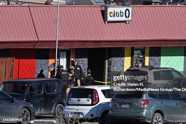 Colorado Springs police, the FBI and others investigate the scene of a mass shooting at Club Q on November 20, 2022 in Colorado Springs, Colorado. An...