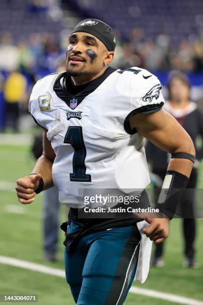 Jalen Hurts of the Philadelphia Eagles jogs off the field after his team's 17-16 win against the Indianapolis Colts at Lucas Oil Stadium on November...
