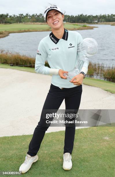 Lydia Ko of New Zealand poses with the trophy after winning the CME Group Tour Championship at Tiburon Golf Club on November 20, 2022 in Naples,...