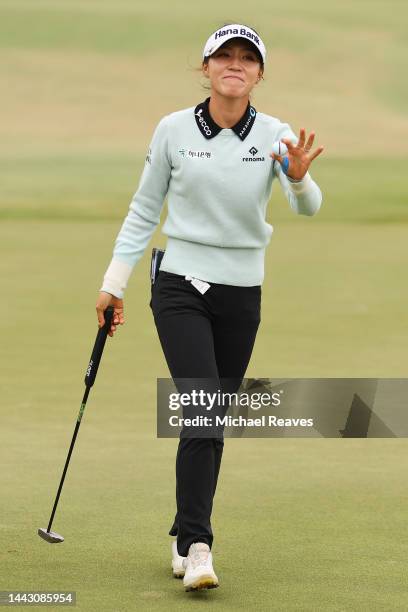 Lydia Ko of New Zealand reacts on the 18th green after winning the 2022 CME Group Tour Championship at Tiburon Golf Club on November 20, 2022 in...