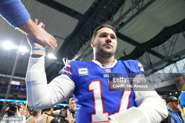 Josh Allen of the Buffalo Bills walks off the field after his team's 31-23 win against the Cleveland Browns at Ford Field on November 20, 2022 in...