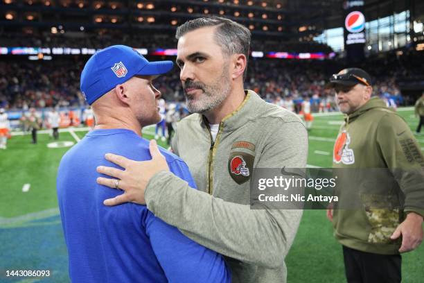 Head coach Sean McDermott of the Buffalo Bills and head coach Kevin Stefanski of the Cleveland Browns hug after Buffalo's 23-31 win at Ford Field on...