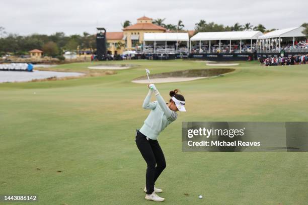 Lydia Ko of New Zealand plays a shot on the 18th hole during the final round of the CME Group Tour Championship at Tiburon Golf Club on November 20,...