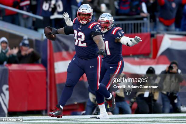 Davon Godchaux of the New England Patriots celebrates after a sack against the New York Jets during the fourth quarter at Gillette Stadium on...
