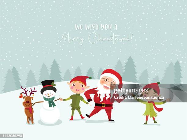 ilustraciones, imágenes clip art, dibujos animados e iconos de stock de bailando santa claus, muñeco de nieve y elfos. - pixie