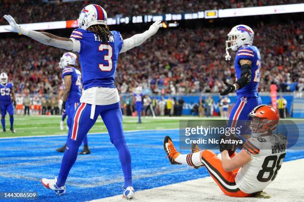 Damar Hamlin of the Buffalo Bills reacts after after an attempted catch by Harrison Bryant of the Cleveland Browns is ruled incomplete during the...
