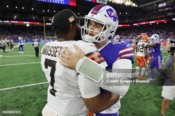 Jacoby Brissett of the Cleveland Browns and Josh Allen of the Buffalo Bills hug after Buffalo's 31-23 win at Ford Field on November 20, 2022 in...