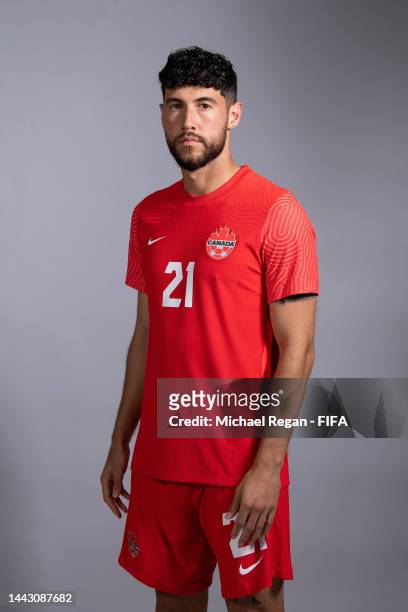 Jonathan Osorio of Canada poses during the official FIFA World Cup Qatar 2022 portrait session on November 19, 2022 in Doha, Qatar.