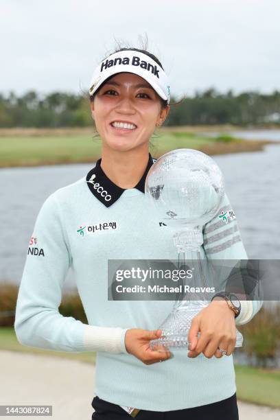 Lydia Ko of New Zealand poses with the CME Globe trophy after winning the CME Group Tour Championship at Tiburon Golf Club on November 20, 2022 in...