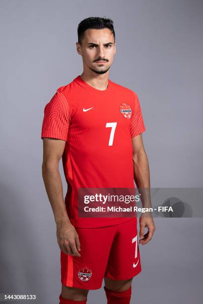 Stephen Eustaquio of Canada poses during the official FIFA World Cup Qatar 2022 portrait session on November 19, 2022 in Doha, Qatar.