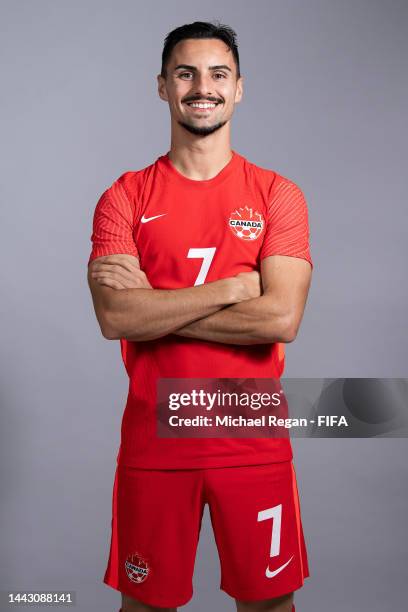 Stephen Eustaquio of Canada poses during the official FIFA World Cup Qatar 2022 portrait session on November 19, 2022 in Doha, Qatar.