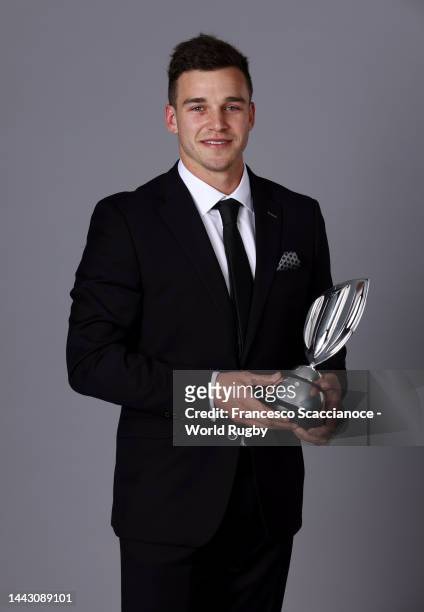 Rodrigo Fernandez of Chile winner of the International Rugby Players Men’s Try of the Year poses with the trophy during the World Rugby Awards at...