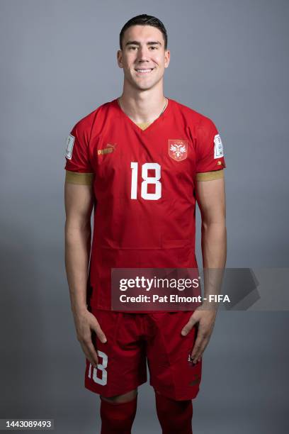 Dusan Vlahovic of Serbia poses during the official FIFA World Cup Qatar 2022 portrait session on November 20, 2022 in Doha, Qatar.