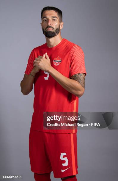 Steven Vitoria of Canada poses during the official FIFA World Cup Qatar 2022 portrait session on November 19, 2022 in Doha, Qatar.