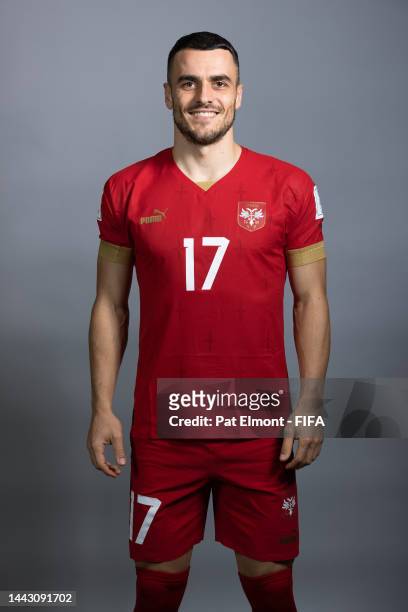Filip Kostic of Serbia poses during the official FIFA World Cup Qatar 2022 portrait session on November 20, 2022 in Doha, Qatar.