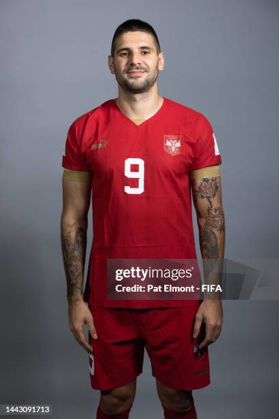 Aleksandar Mitrovic of Serbia poses during the official FIFA World Cup Qatar 2022 portrait session on November 20, 2022 in Doha, Qatar.