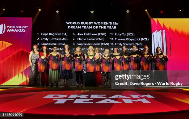 Presenter Heather Moyse, Ruby Tui of New Zealand, Ruahei Demant of New Zealand, Abbie Ward of England, Sarah Bern of England, Alex Matthews of...