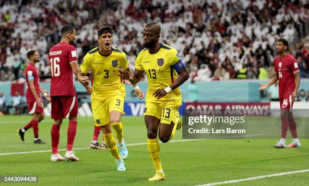 Enner Valencia of Ecuador celebrates during the FIFA World Cup Qatar 2022 Group A match between Qatar and Ecuador at Al Bayt Stadium on November 20,...