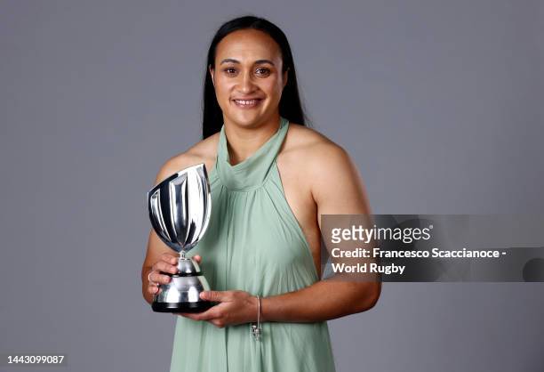 Ruahei Demant of New Zealand winner of the World Rugby Women’s 15s Player of the Year, in partnership with Mastercard poses with their trophy during...