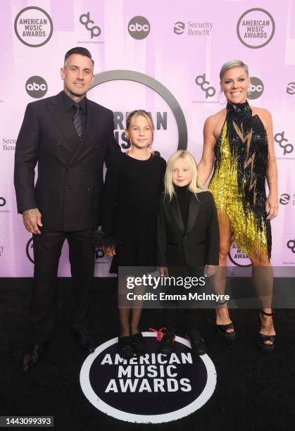 Carey Hart, Willow Sage Hart, Jameson Moon Hart, and P!nk attend the 2022 American Music Awards at Microsoft Theater on November 20, 2022 in Los...