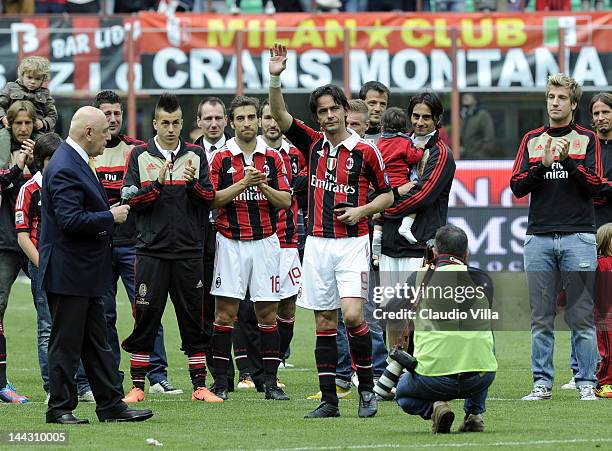 Filippo Inzaghi of AC Milan salutes the fans after his last game for AC Milan after the Serie A match between AC Milan and Novara Calcio at Stadio...