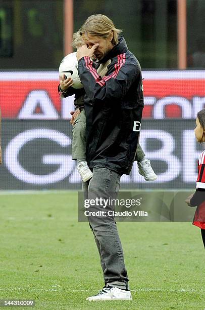 Massimo Ambrosini of AC Milan cries after the Serie A match between AC Milan and Novara Calcio at Stadio Giuseppe Meazza on May 13, 2012 in Milan,...