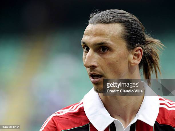 Zlatan Ibrahimovic of AC Milan looks on during the Serie A match between AC Milan and Novara Calcio at Stadio Giuseppe Meazza on May 13, 2012 in...