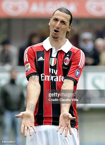 Zlatan Ibrahimovic of AC Milan reacts during the Serie A match between AC Milan and Novara Calcio at Stadio Giuseppe Meazza on May 13, 2012 in Milan,...