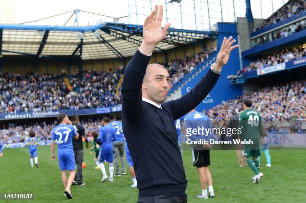 Roberto Di Matteo caretaker manager of Chelsea applauds the fans during the Barclays Premier League match between Chelsea and Blackburn Rovers at...