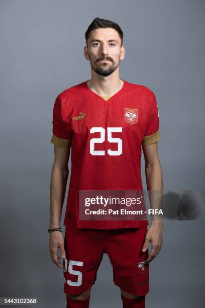 Filip Mladenovic of Serbia poses during the official FIFA World Cup Qatar 2022 portrait session on November 20, 2022 in Doha, Qatar.