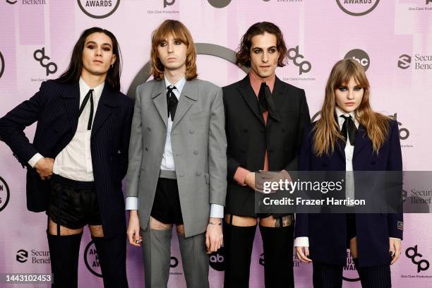 Ethan Torchio, Thomas Raggi, Damiano David and Victoria De Angelis of Måneskin attend the 2022 American Music Awards at Microsoft Theater on November...