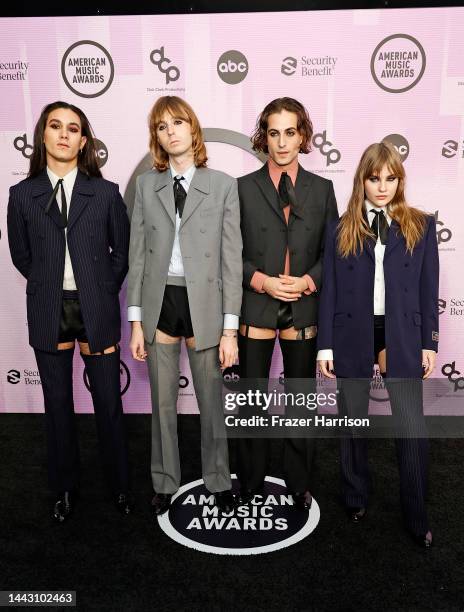 Ethan Torchio, Thomas Raggi, Damiano David and Victoria De Angelis of Måneskin attend the 2022 American Music Awards at Microsoft Theater on November...