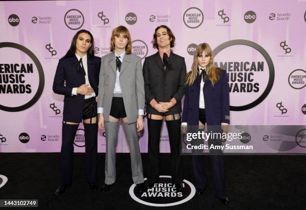 Ethan Torchio, Thomas Raggi, Damiano David, and Victoria De Angelis of Måneskin attendsthe 2022 American Music Awards at Microsoft Theater on...